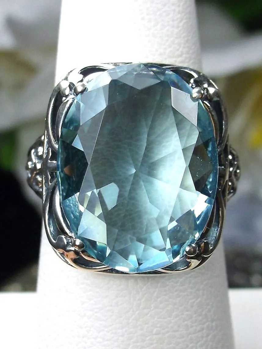 Sky Blue Aquamarine Ring, Oval Gemstone, Retro Swirl Filigree, Art Deco Vintage Jewelry, D119