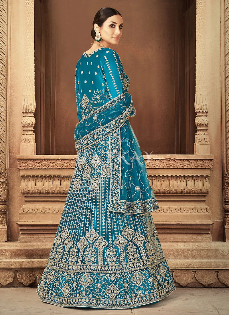 Sky Blue Embroidered Net Anarkali Suit
