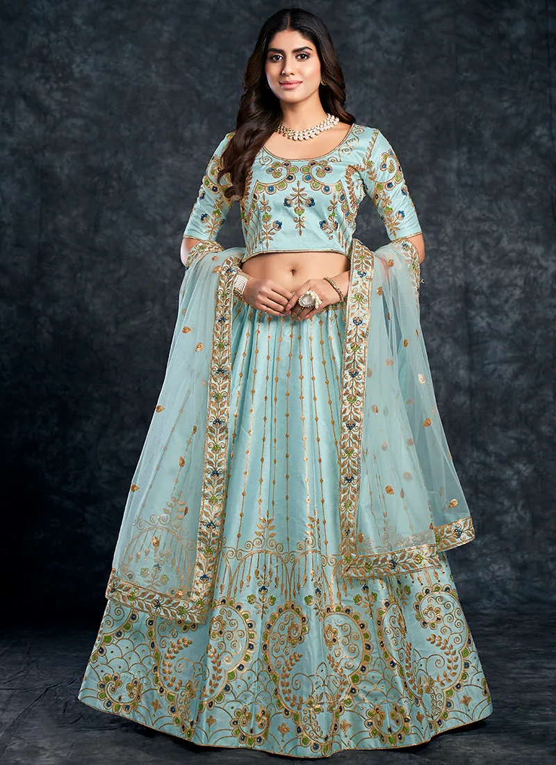 Sky Blue Multi Embroidery Silk Wedding Lehenga Choli