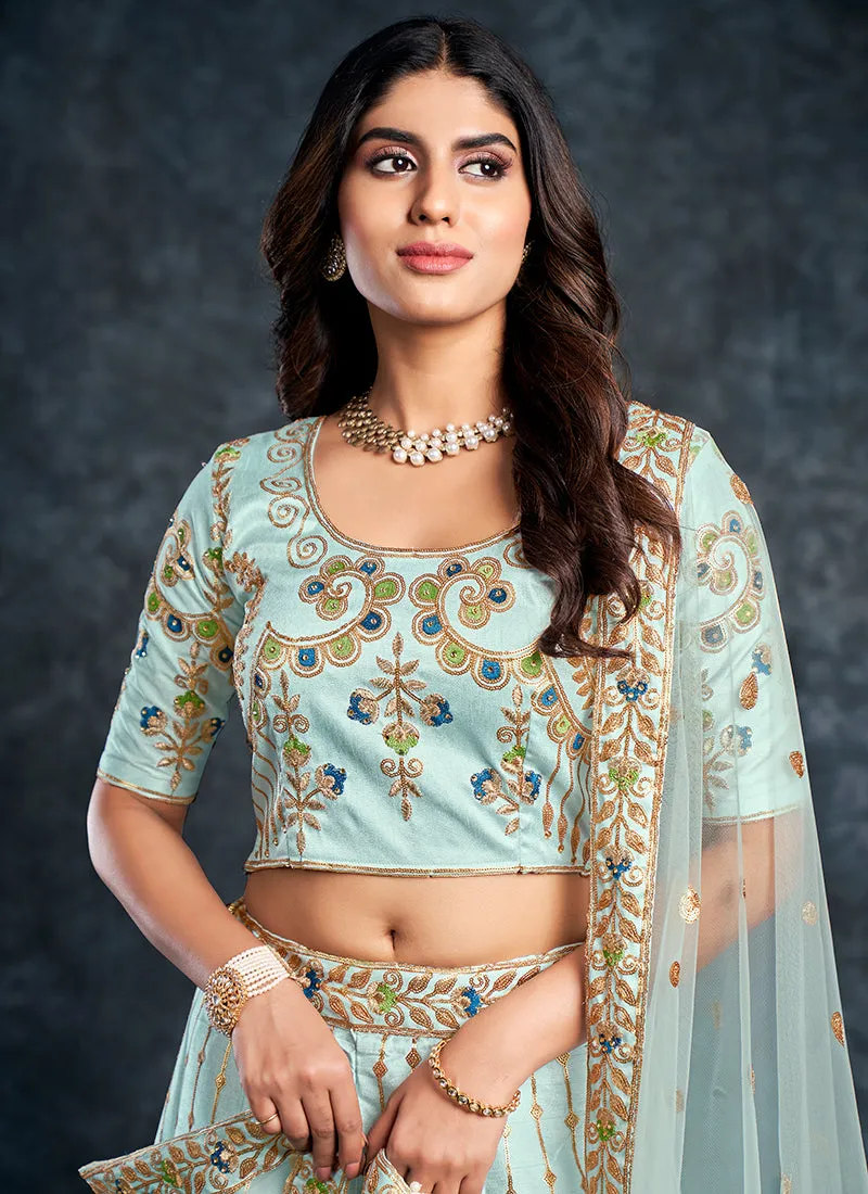 Sky Blue Multi Embroidery Silk Wedding Lehenga Choli