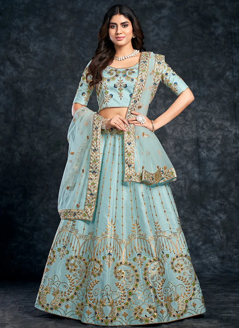 Sky Blue Multi Embroidery Silk Wedding Lehenga Choli