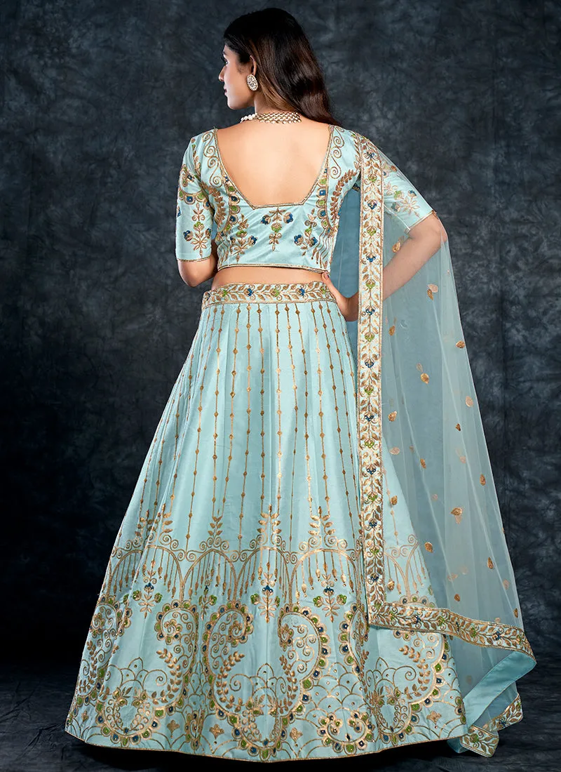 Sky Blue Multi Embroidery Silk Wedding Lehenga Choli