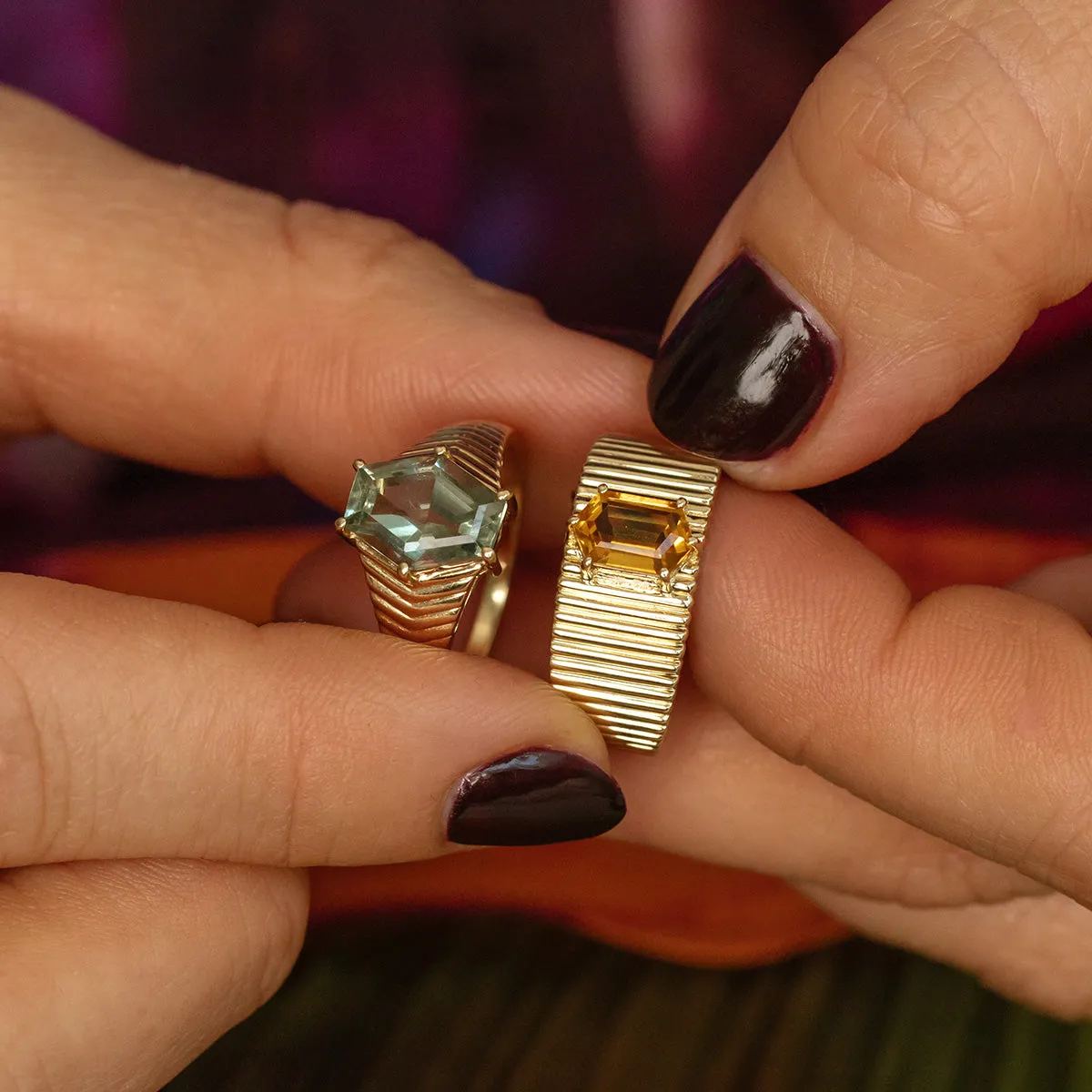 Solid Gold Green Amethyst Bold Chevron Ring
