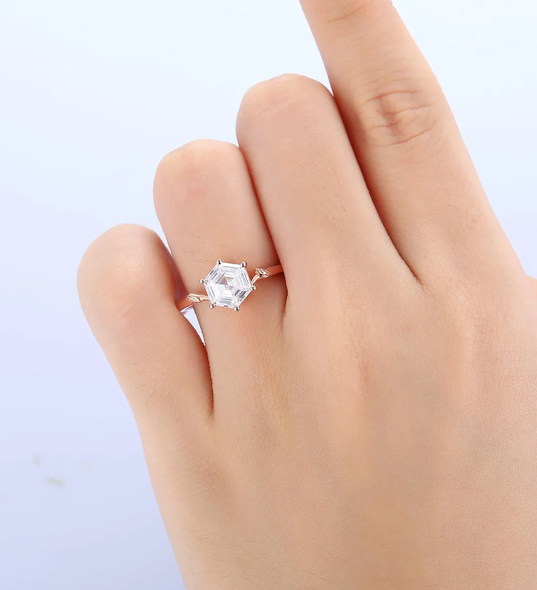 Solitaire Hexagon Cut  1.35CT Moissanite  Rose Gold  Nature Inspired Leaf Shaped  Engagement Ring