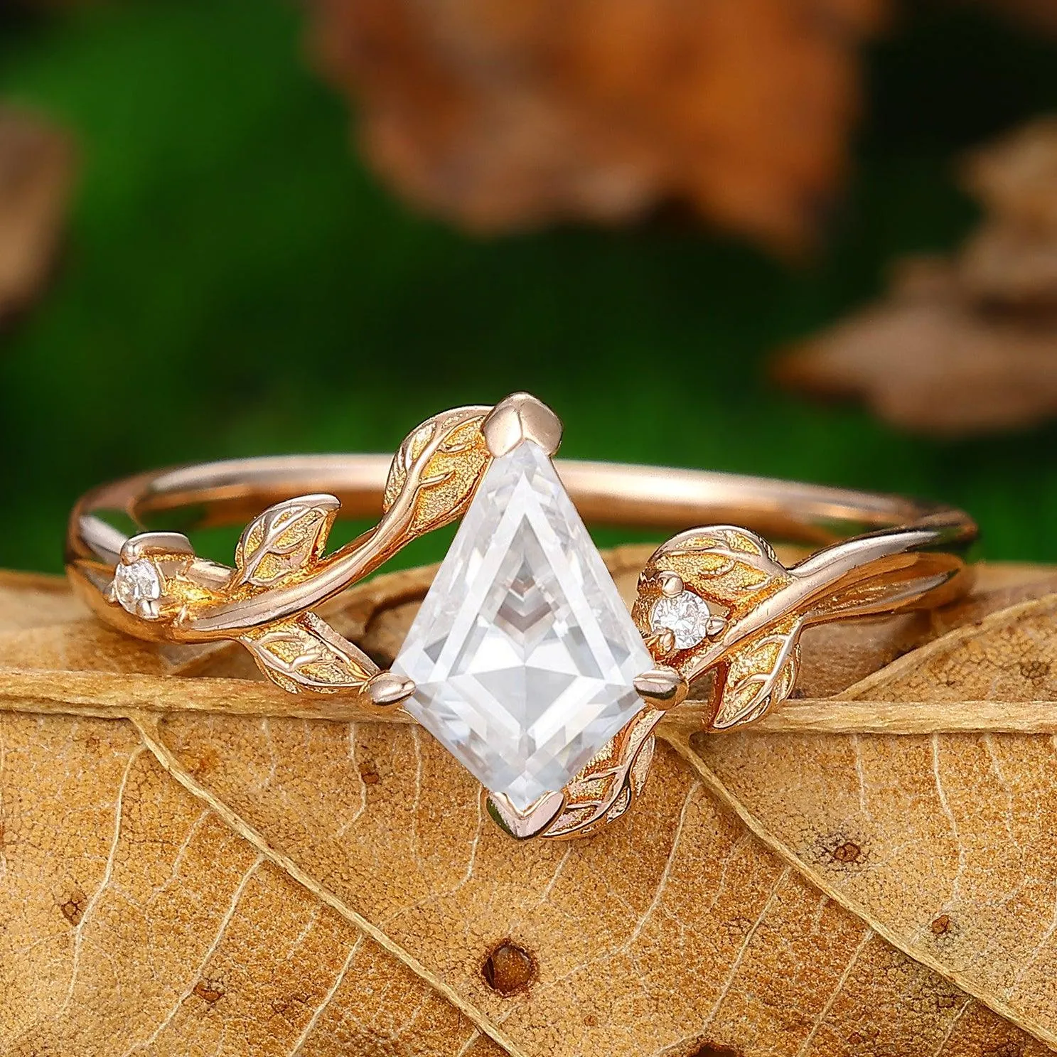 Solitaire   Kite Shaped Moissanite   Art Deco Leaf Vine Engagement Ring
