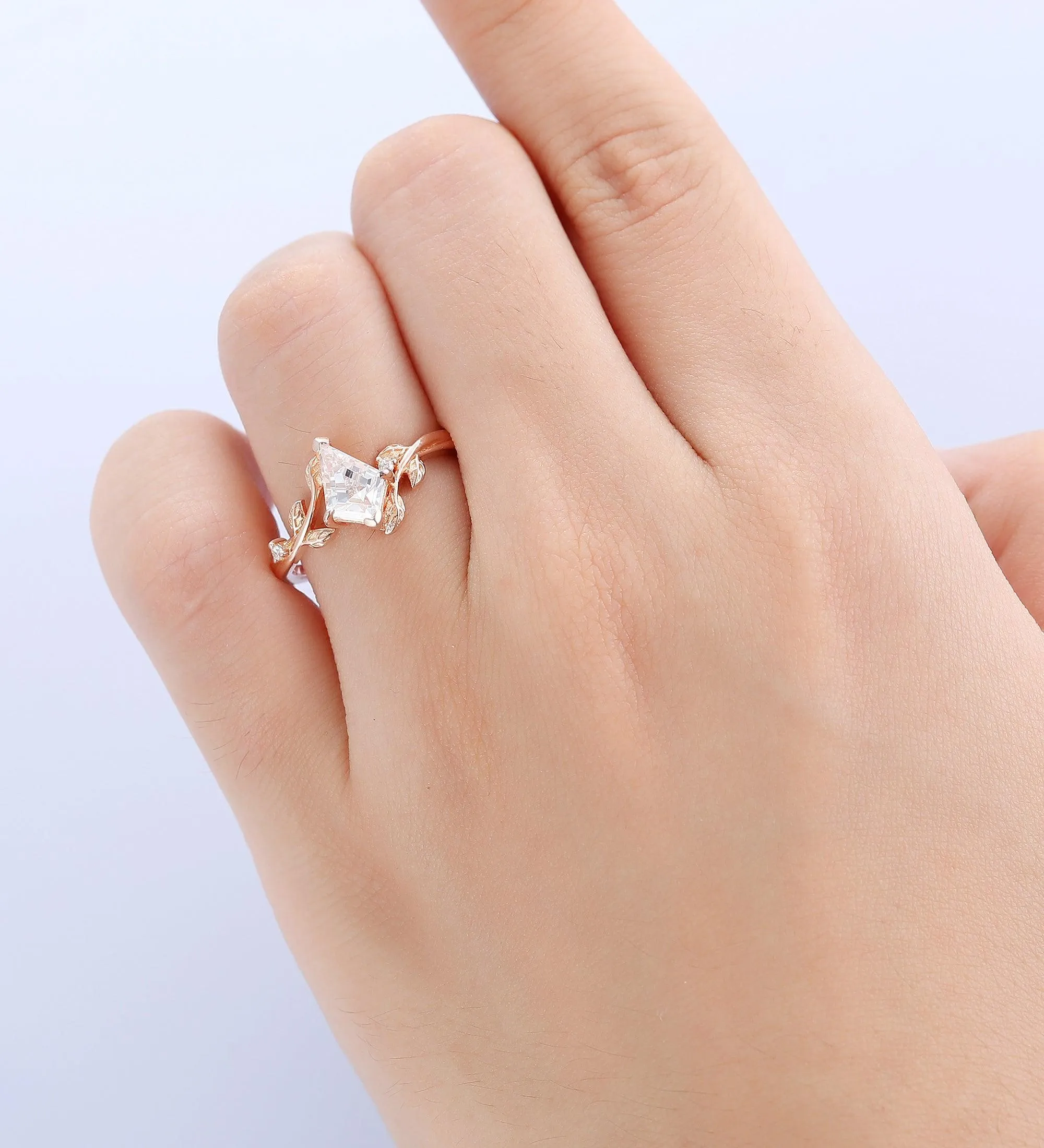 Solitaire   Kite Shaped Moissanite   Art Deco Leaf Vine Engagement Ring