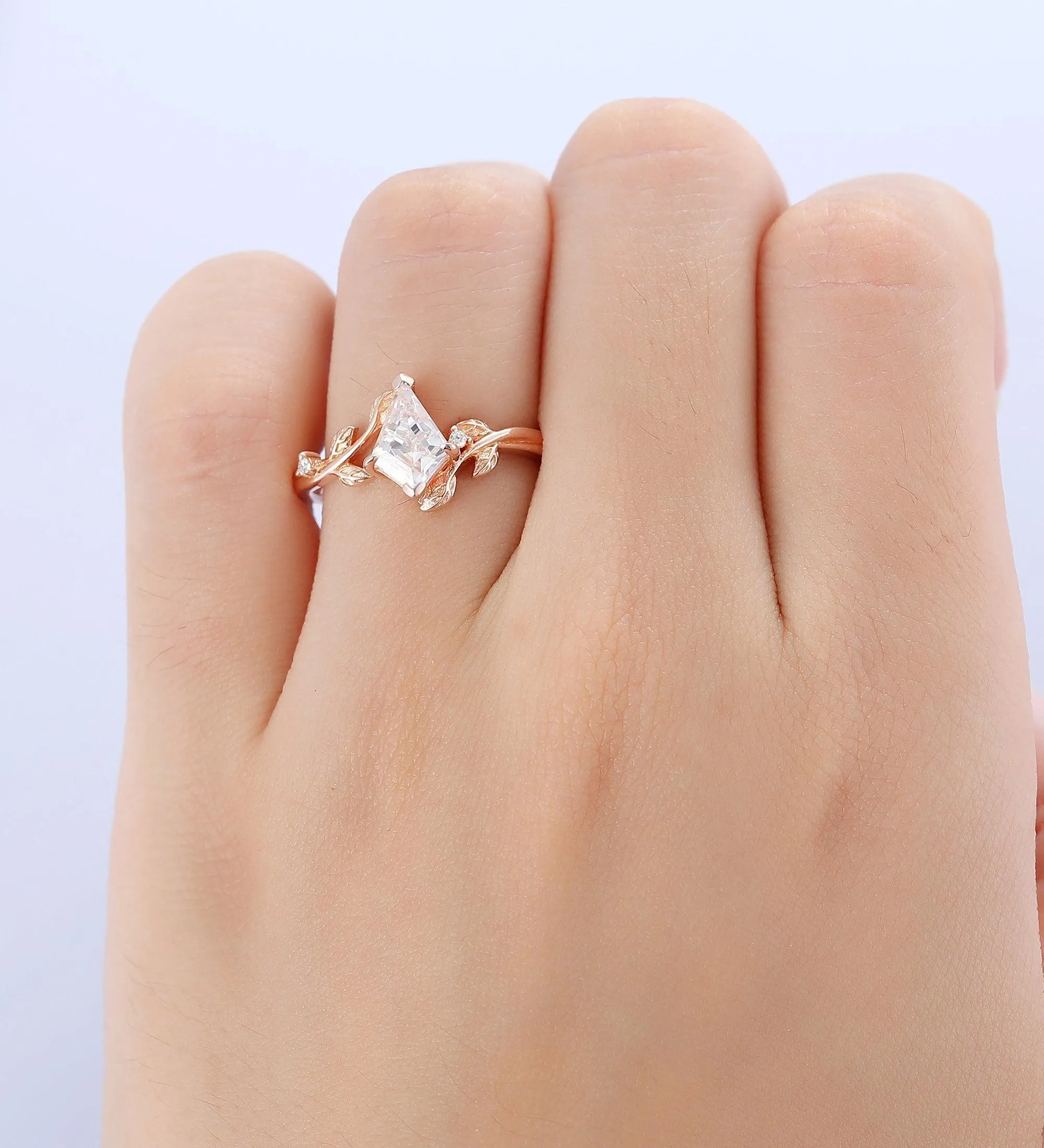 Solitaire   Kite Shaped Moissanite   Art Deco Leaf Vine Engagement Ring