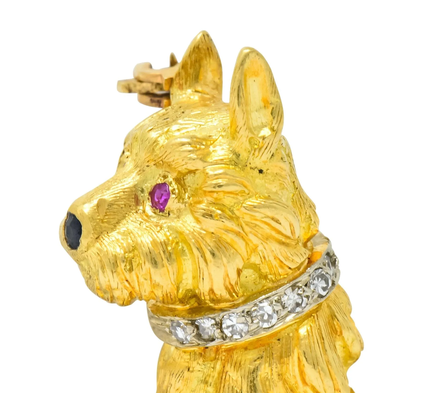 Spitzer & Furman Retro 18 Karat Yellow Gold Diamond Ruby Dog and Ball Brooch