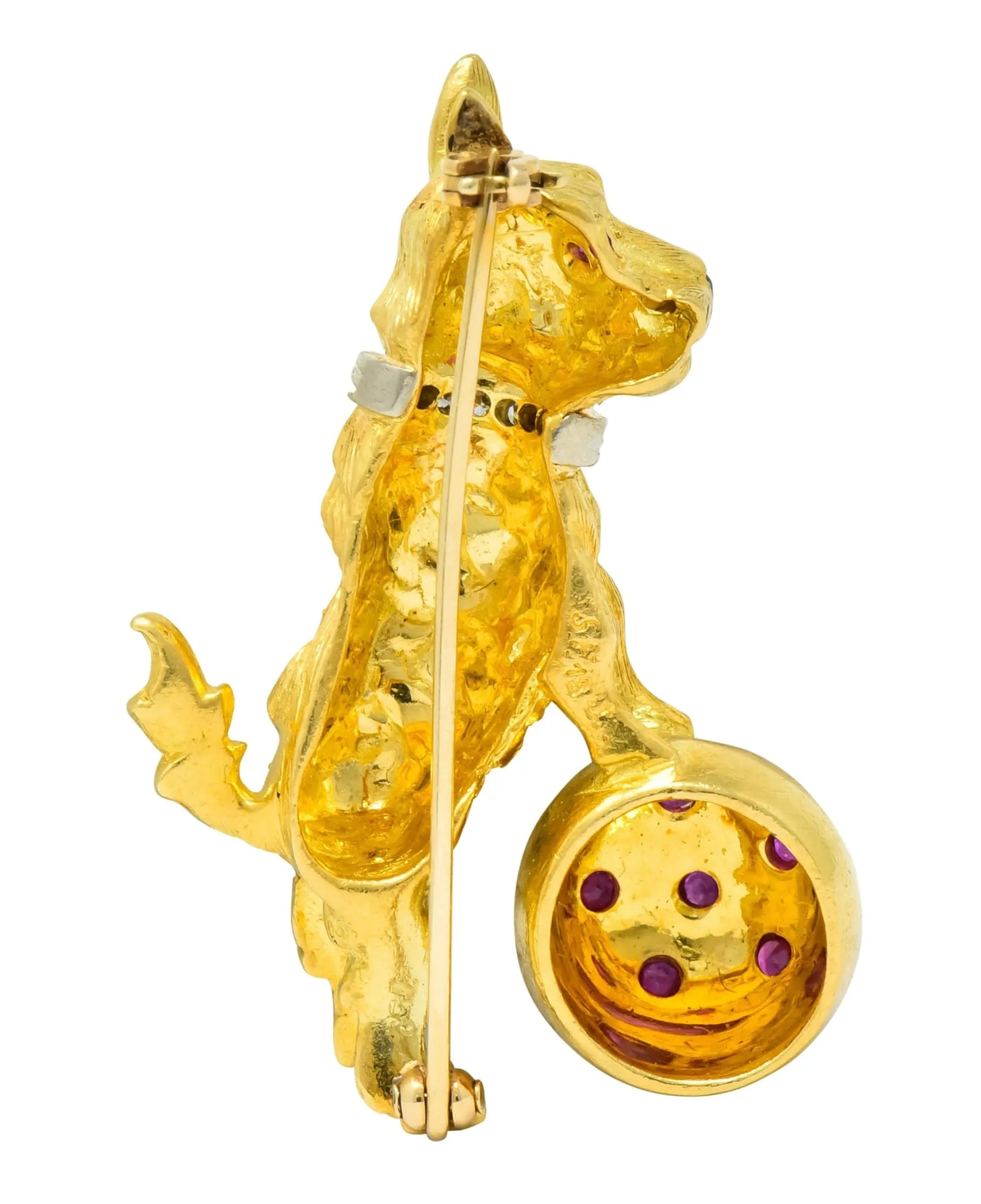 Spitzer & Furman Retro 18 Karat Yellow Gold Diamond Ruby Dog and Ball Brooch