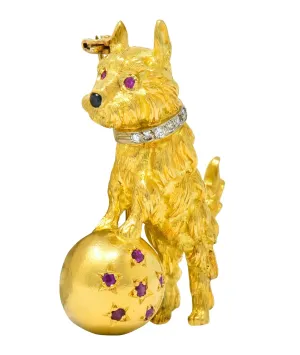 Spitzer & Furman Retro 18 Karat Yellow Gold Diamond Ruby Dog and Ball Brooch