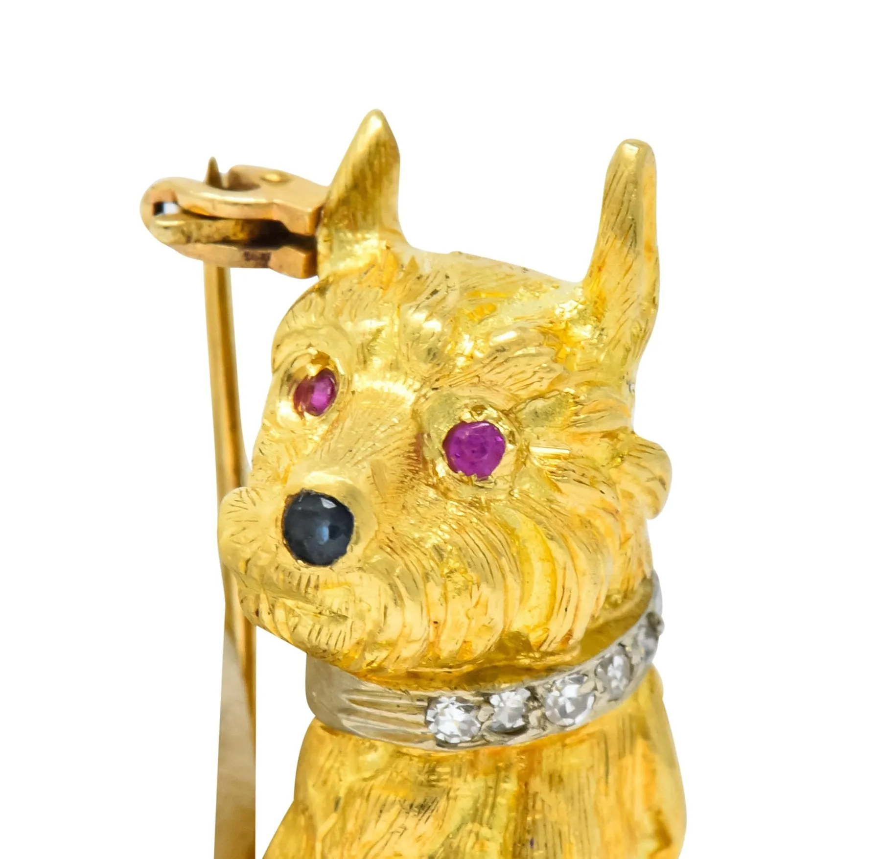 Spitzer & Furman Retro 18 Karat Yellow Gold Diamond Ruby Dog and Ball Brooch