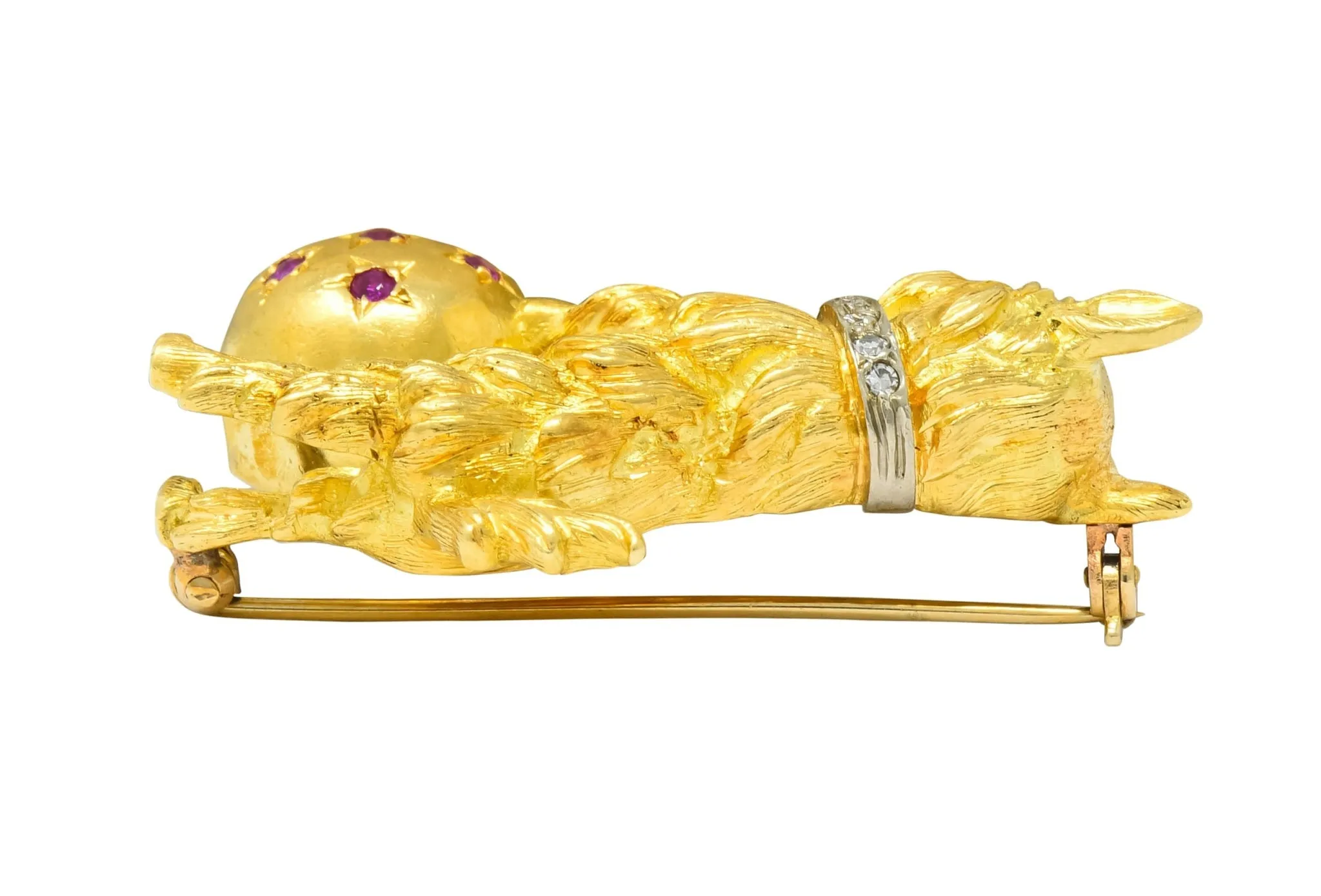 Spitzer & Furman Retro 18 Karat Yellow Gold Diamond Ruby Dog and Ball Brooch