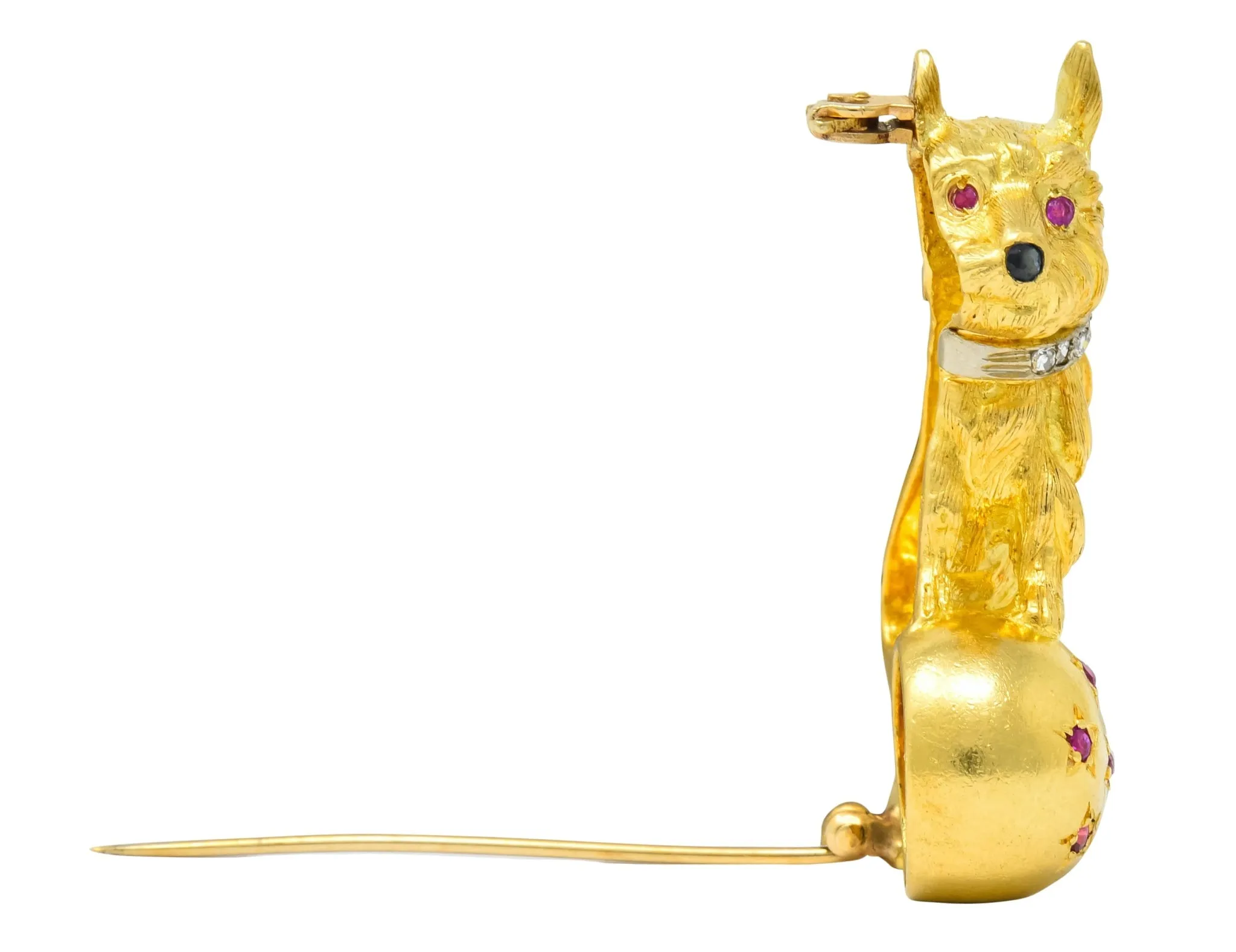 Spitzer & Furman Retro 18 Karat Yellow Gold Diamond Ruby Dog and Ball Brooch