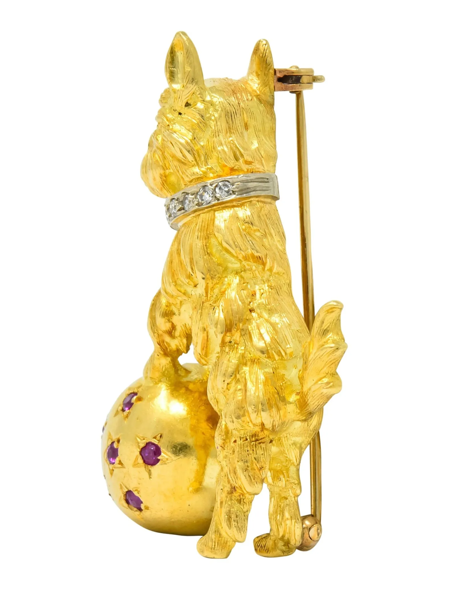 Spitzer & Furman Retro 18 Karat Yellow Gold Diamond Ruby Dog and Ball Brooch
