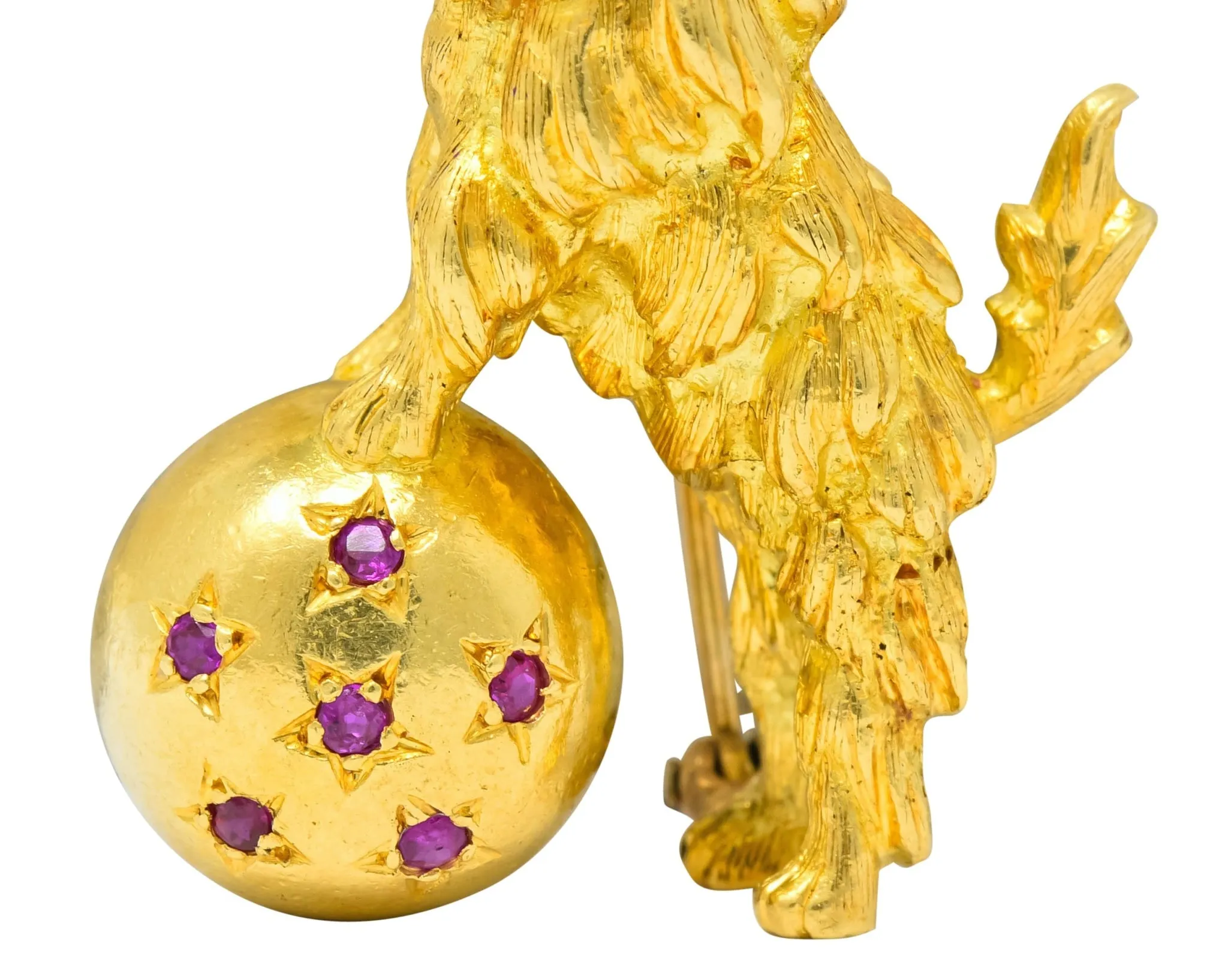 Spitzer & Furman Retro 18 Karat Yellow Gold Diamond Ruby Dog and Ball Brooch