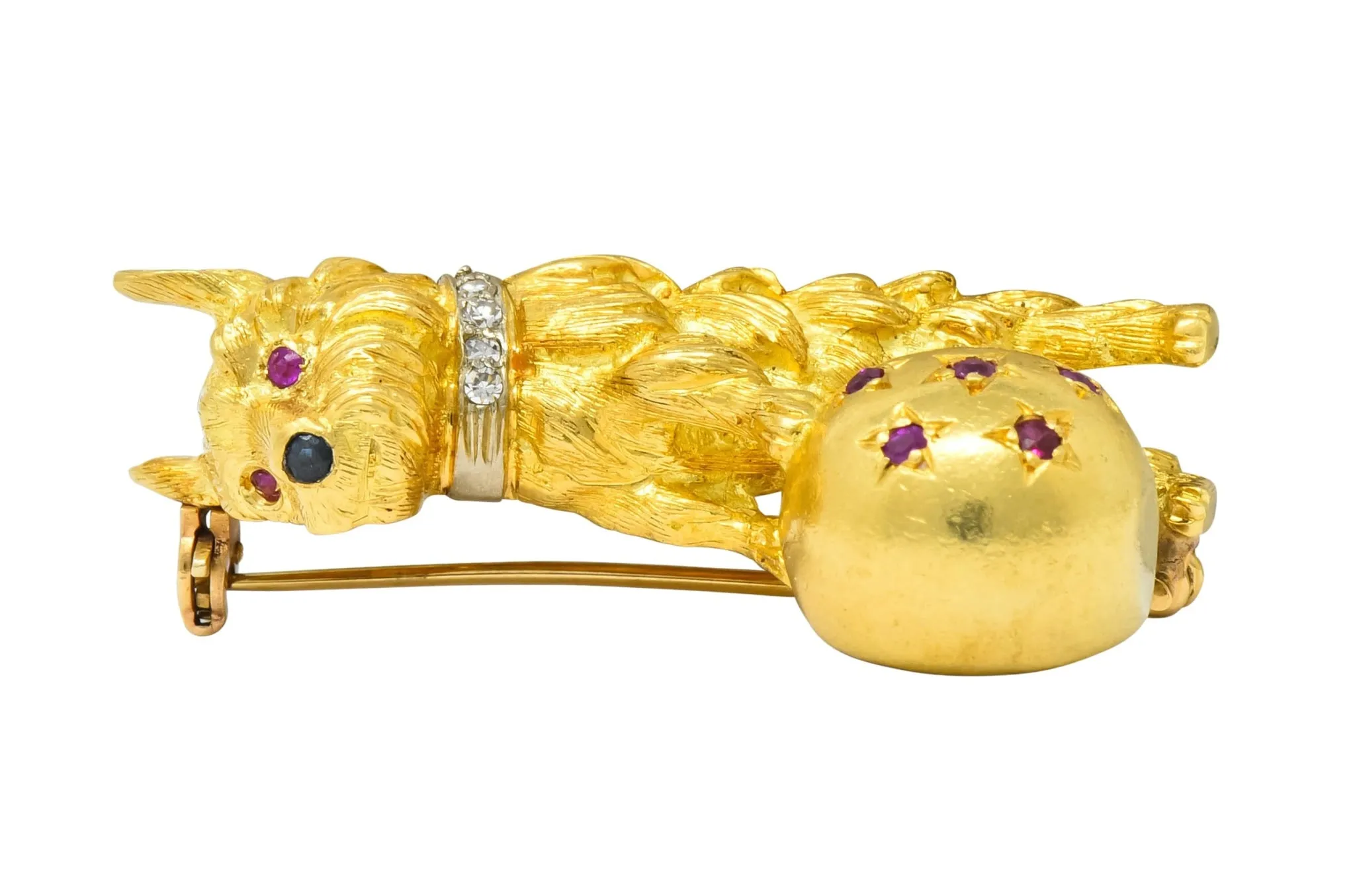 Spitzer & Furman Retro 18 Karat Yellow Gold Diamond Ruby Dog and Ball Brooch