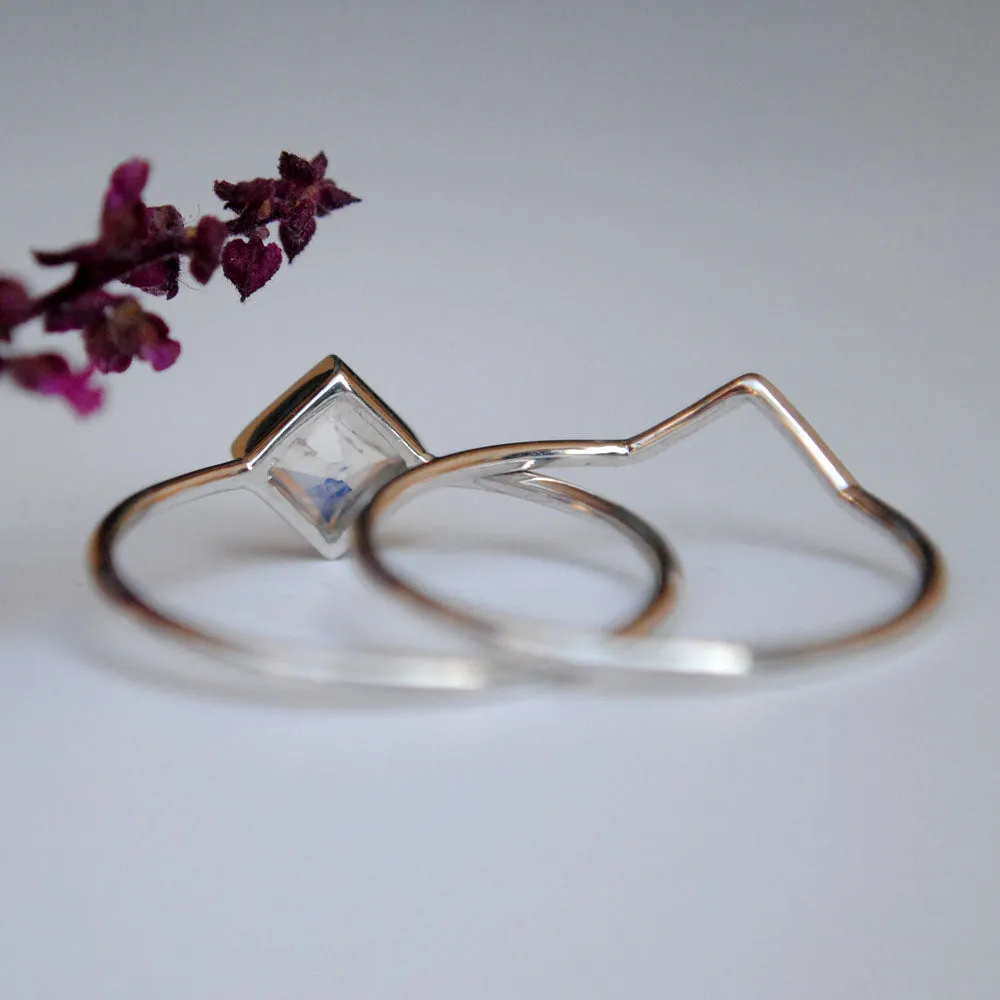 Square Moonstone Engagement Ring with Plain Gold V Ring