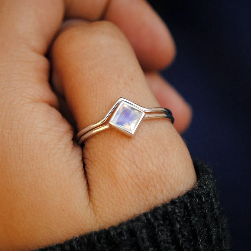 Square Moonstone Engagement Ring with Plain Gold V Ring