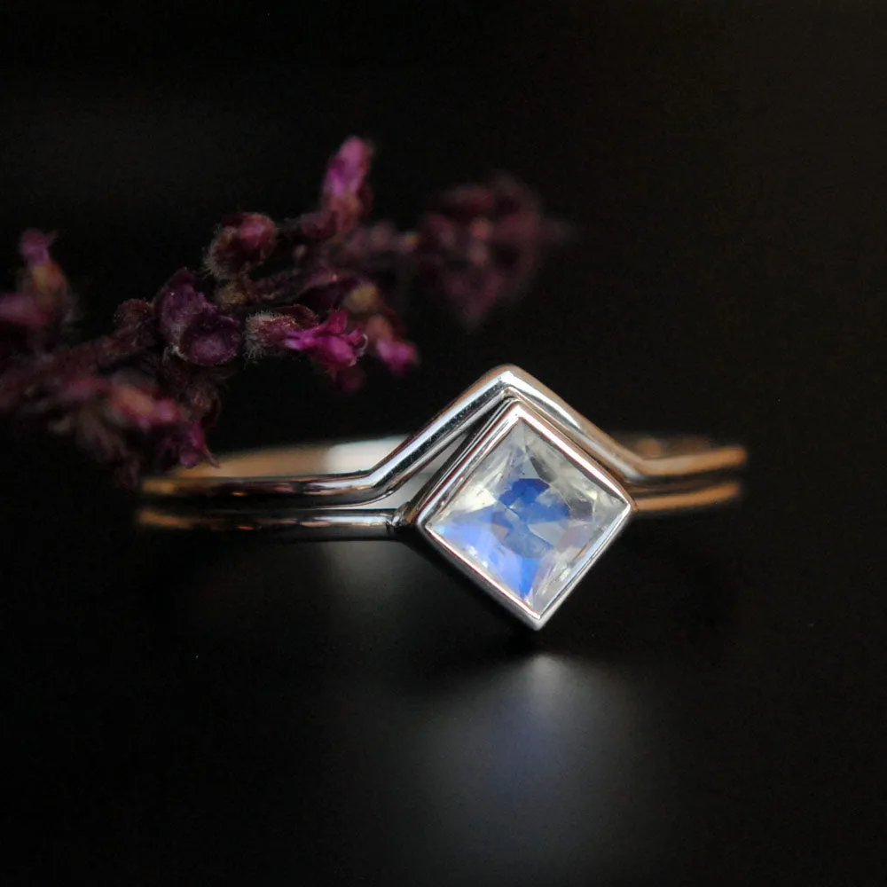 Square Moonstone Engagement Ring with Plain Gold V Ring