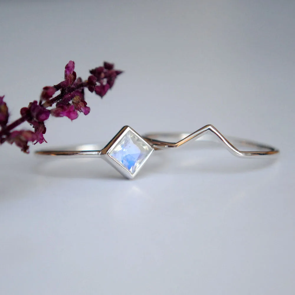 Square Moonstone Engagement Ring with Plain Gold V Ring