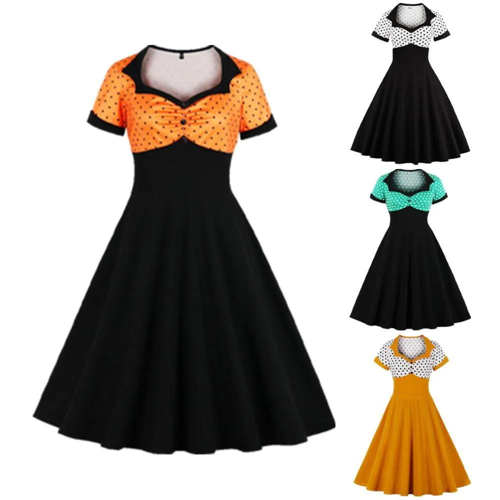Square Neckline Dot Print Plus Size Retro Dresses