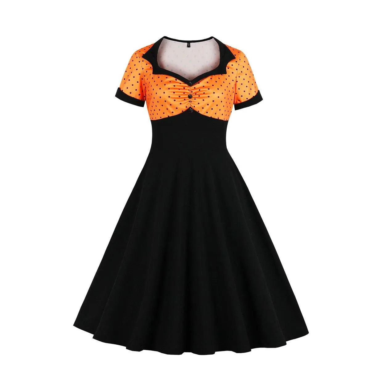 Square Neckline Dot Print Plus Size Retro Dresses