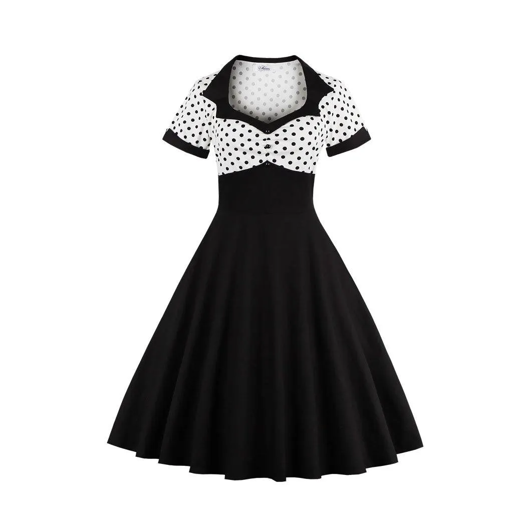 Square Neckline Dot Print Plus Size Retro Dresses