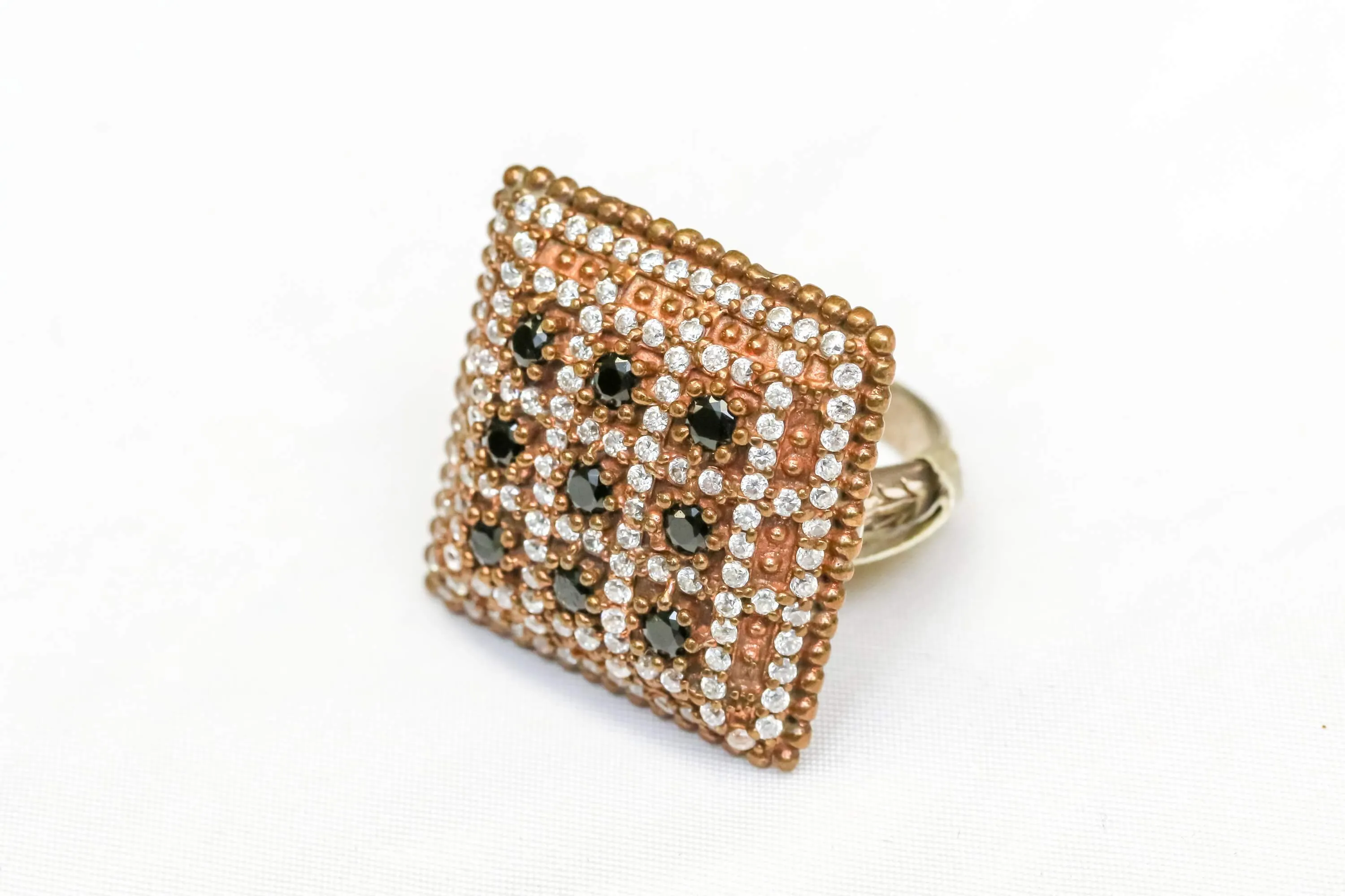 Square Silver Ring Set with Sapphire and White Stones