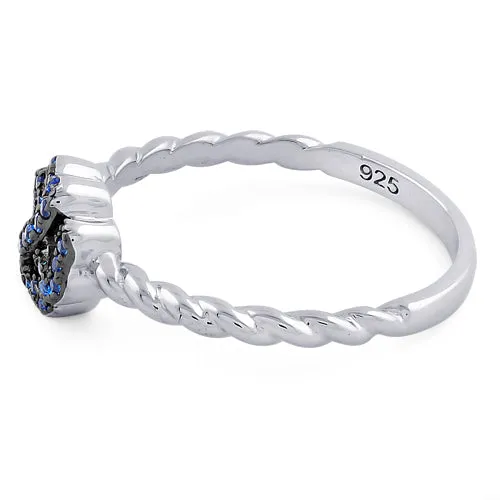 Sterling Silver Four Leaf Clover Heart Shaped Blue CZ Ring