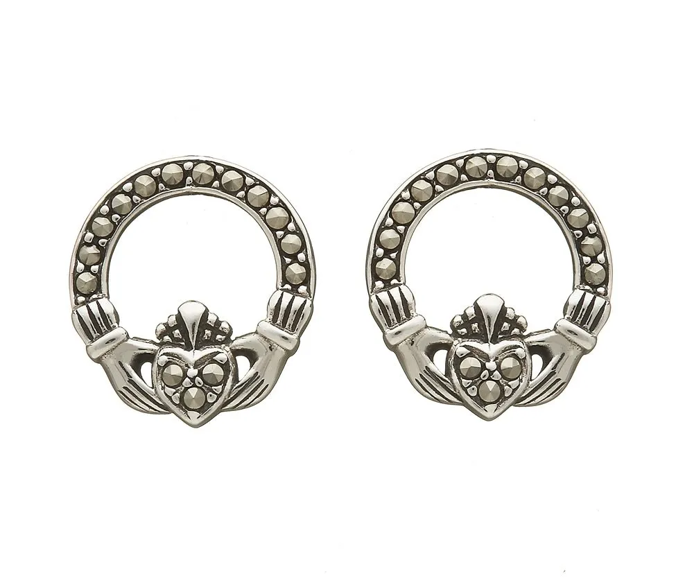 Sterling Silver Marcasite Claddagh Earrings - ANU2062