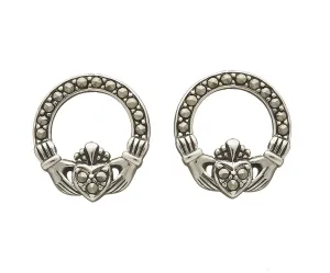 Sterling Silver Marcasite Claddagh Earrings - ANU2062