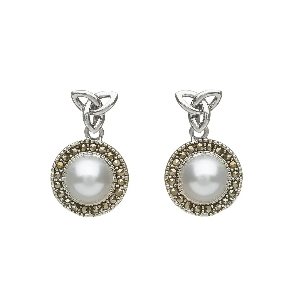 Sterling Silver Marcasite Trinity Fresh Water Pearl Earrings - ANU2081