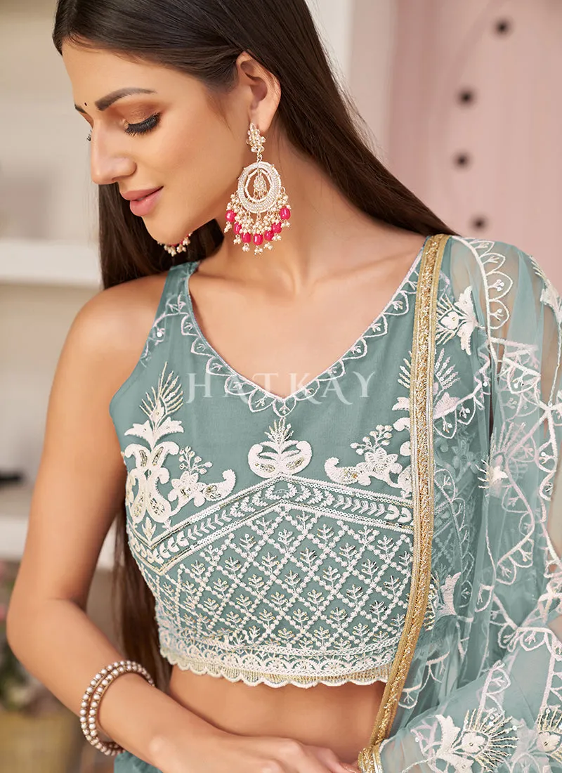 Teal Blue Embroidered Partywear Lehenga Choli