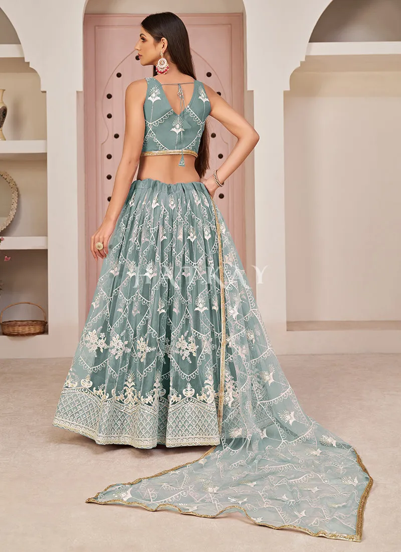 Teal Blue Embroidered Partywear Lehenga Choli