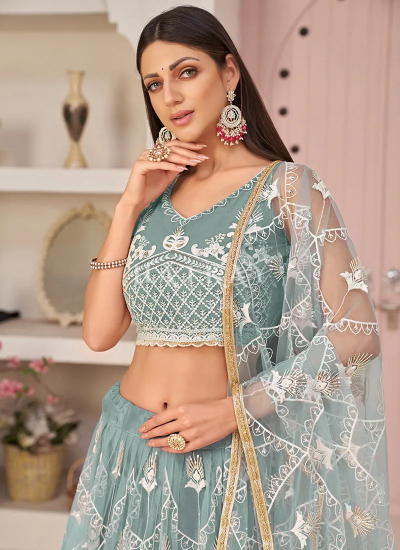 Teal Blue Embroidered Partywear Lehenga Choli