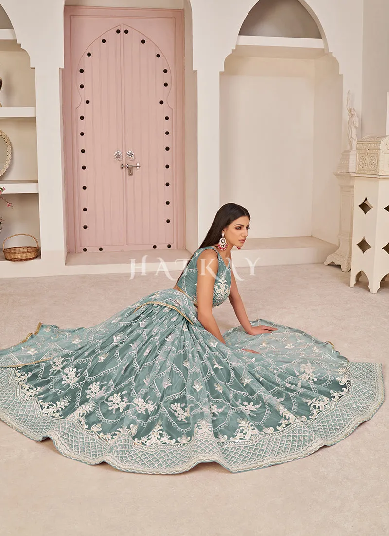 Teal Blue Embroidered Partywear Lehenga Choli