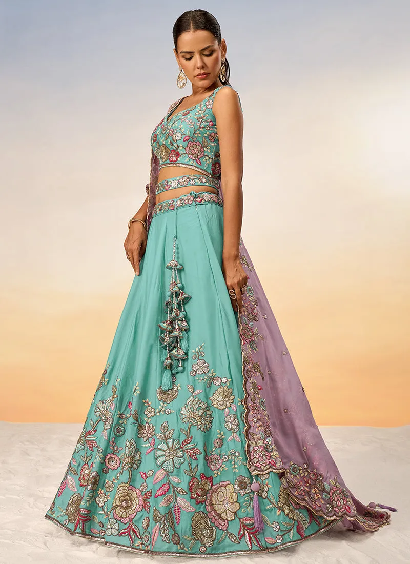 Teal Blue Multi Embroidery Bridal Lehenga Choli