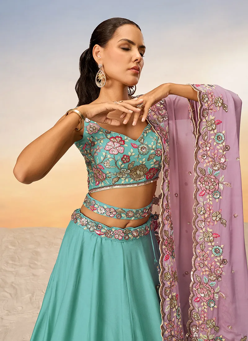 Teal Blue Multi Embroidery Bridal Lehenga Choli