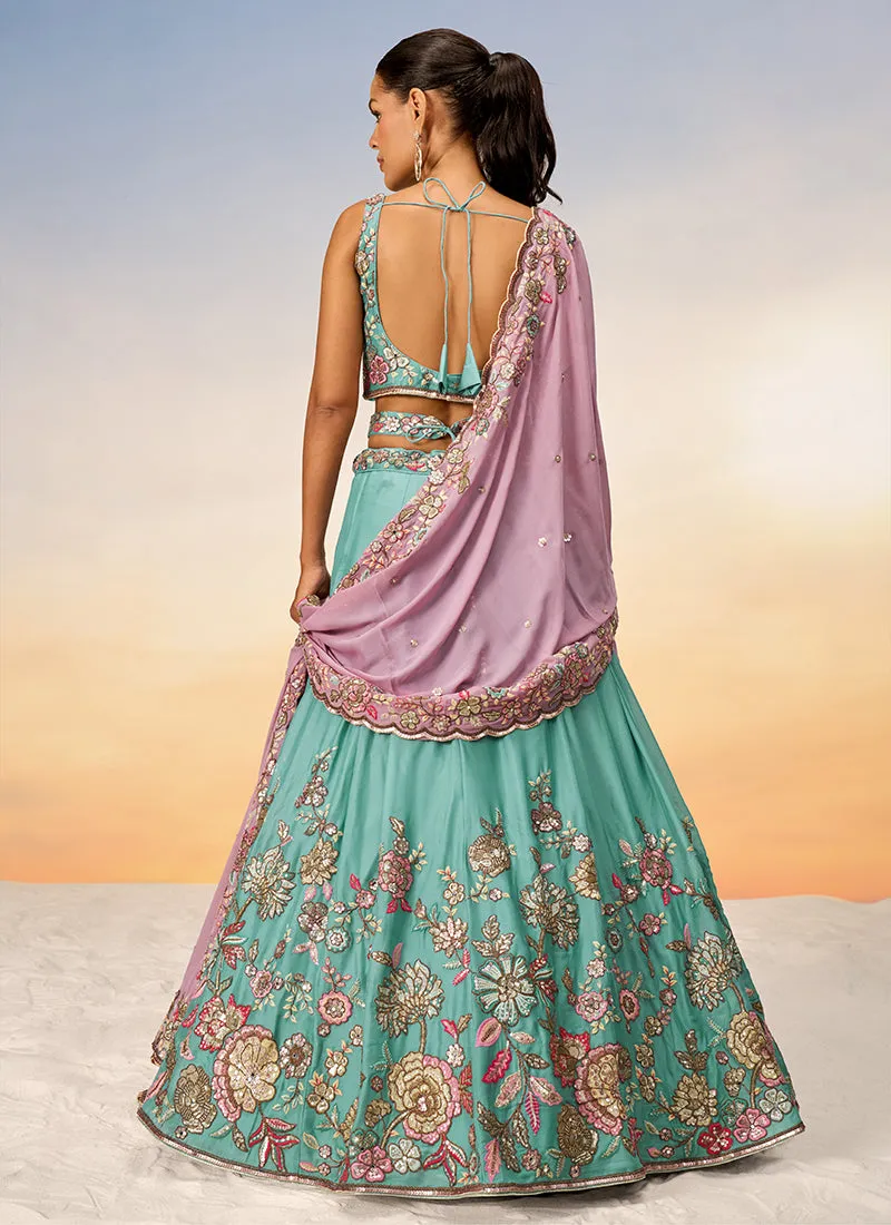 Teal Blue Multi Embroidery Bridal Lehenga Choli