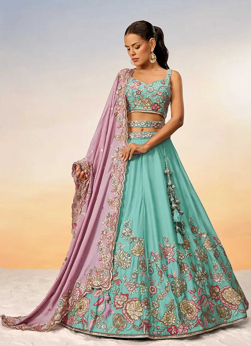 Teal Blue Multi Embroidery Bridal Lehenga Choli