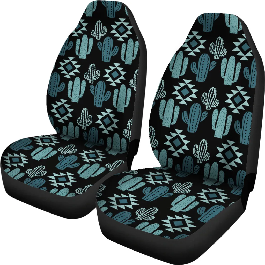 Teal Boho Cactus Pattern on Black Car Seat Covers Seat Protectors Set of 2