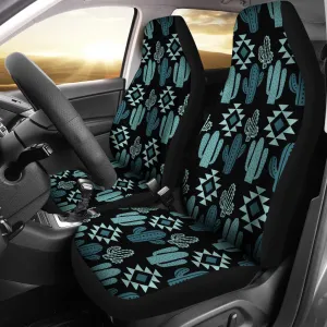 Teal Boho Cactus Pattern on Black Car Seat Covers Seat Protectors Set of 2