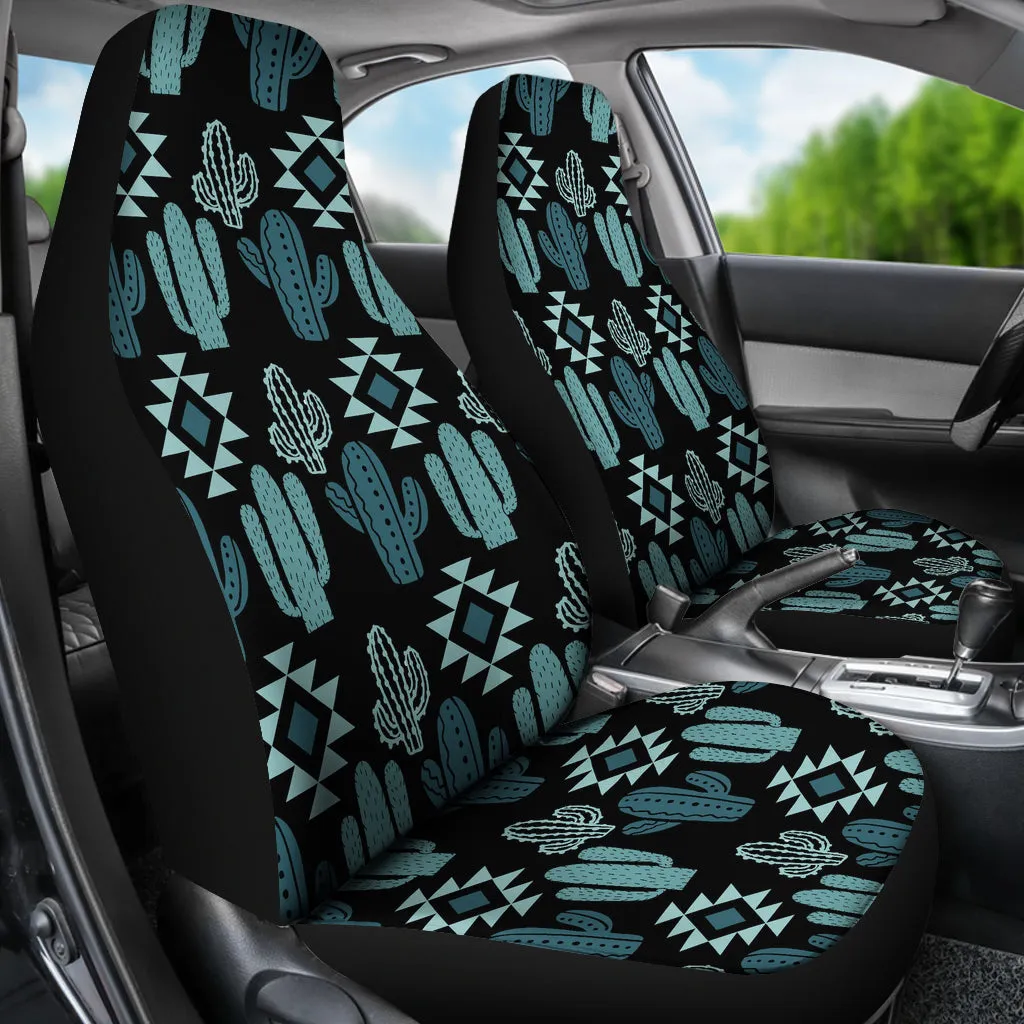 Teal Boho Cactus Pattern on Black Car Seat Covers Seat Protectors Set of 2