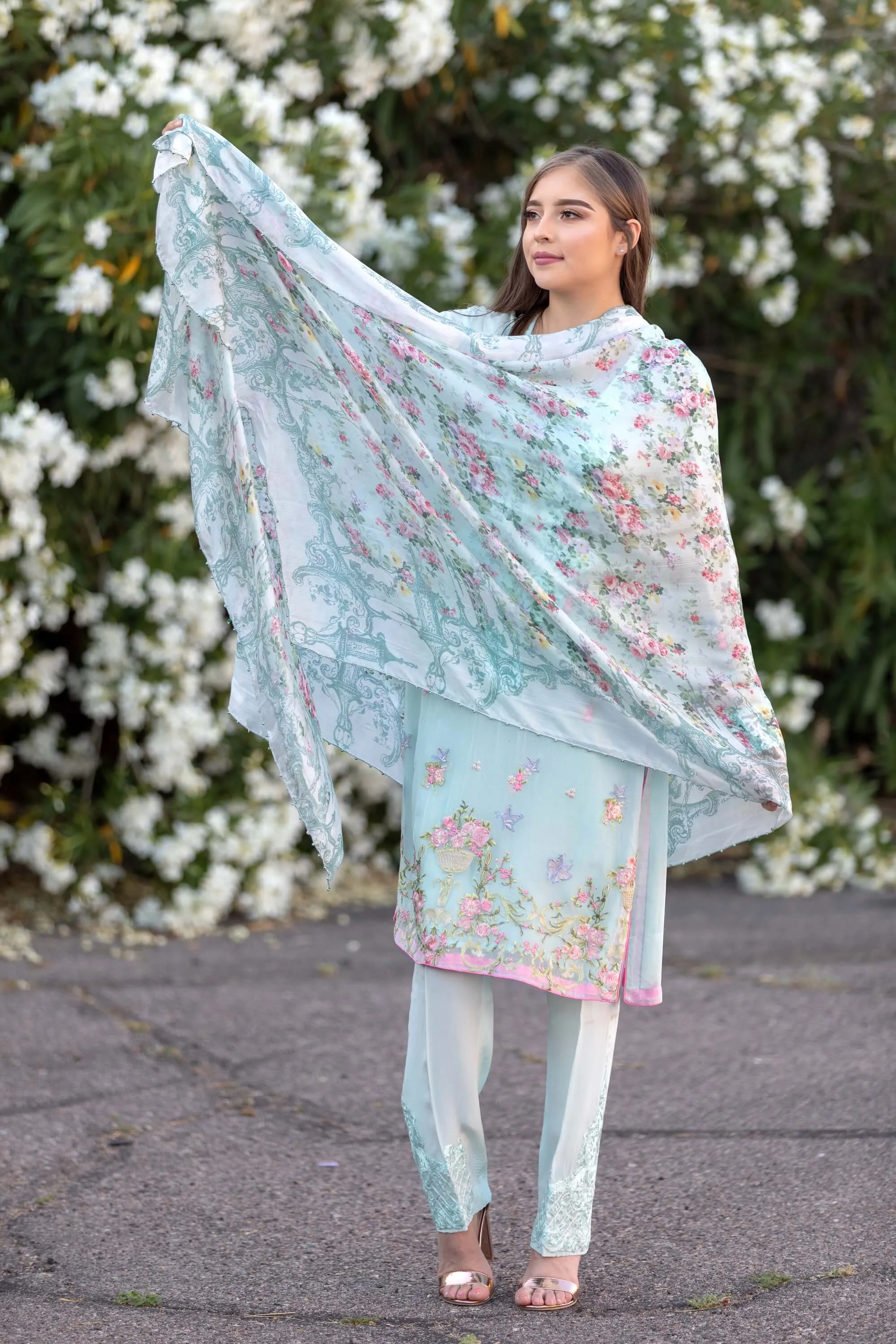 Teal Chiffon Salwar Kameez - Maria B Suit