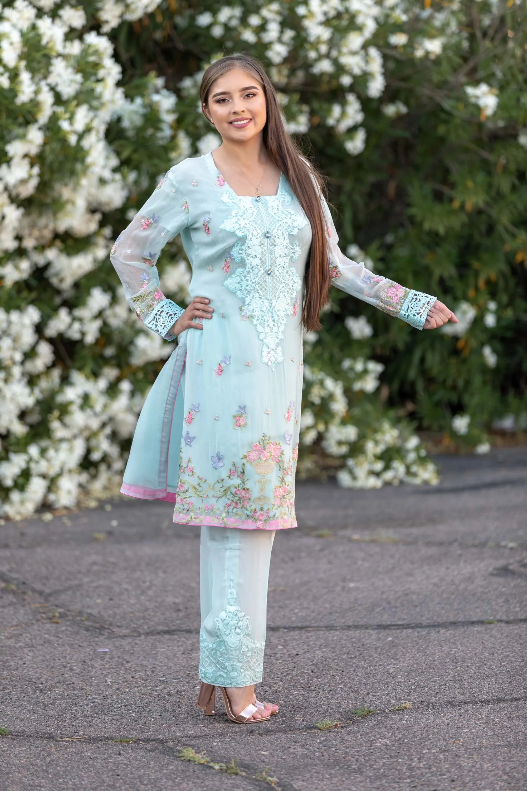 Teal Chiffon Salwar Kameez - Maria B Suit