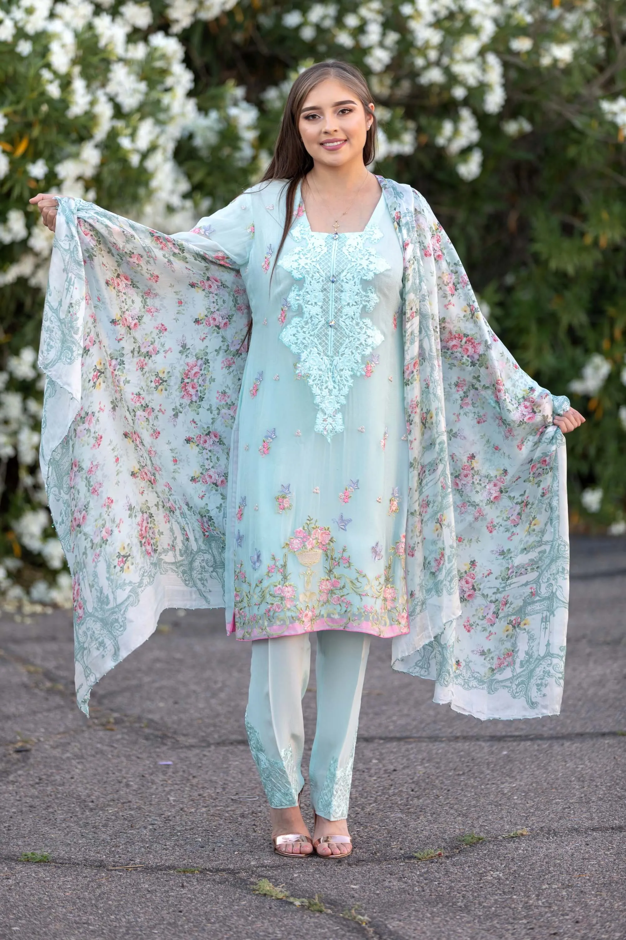 Teal Chiffon Salwar Kameez - Maria B Suit