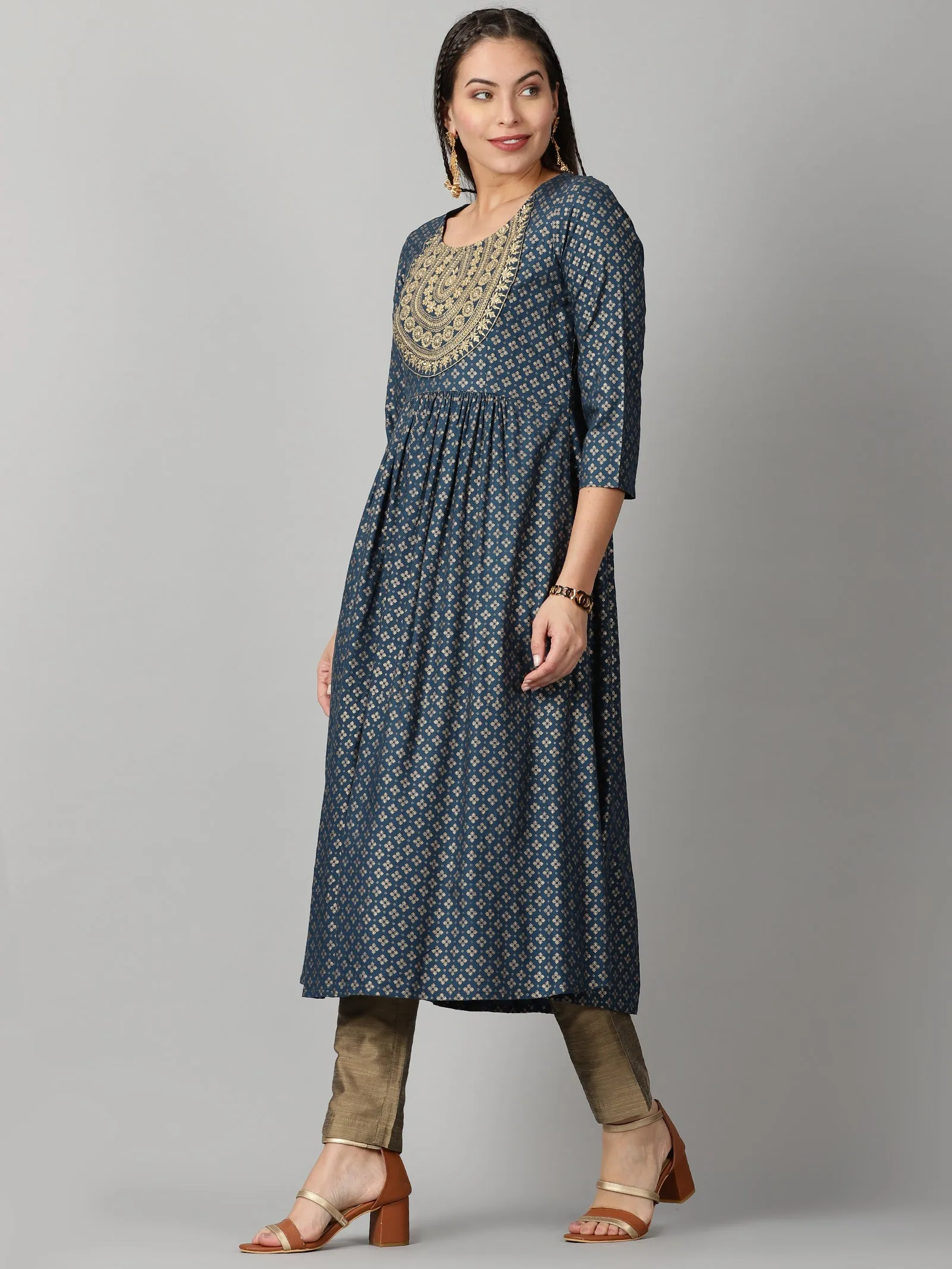 Teal Rayon Ethnic Motifs Printed Empire Kurta with Zari Neck