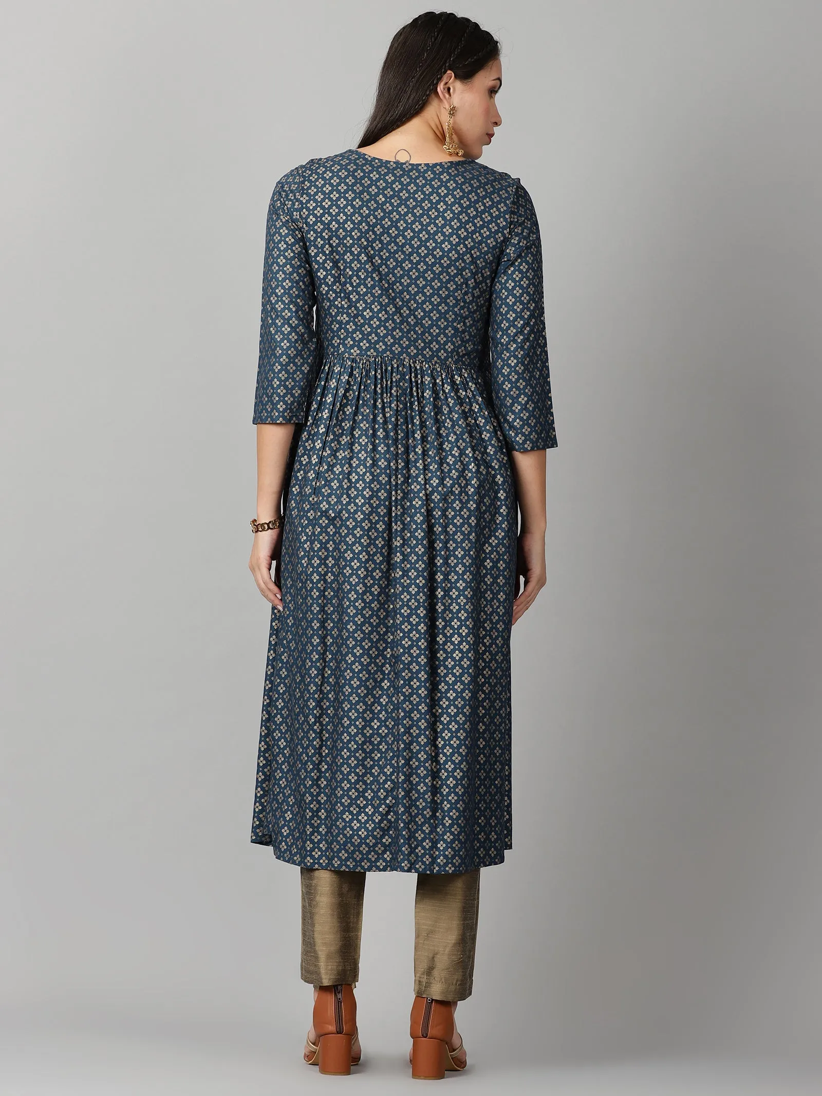 Teal Rayon Ethnic Motifs Printed Empire Kurta with Zari Neck