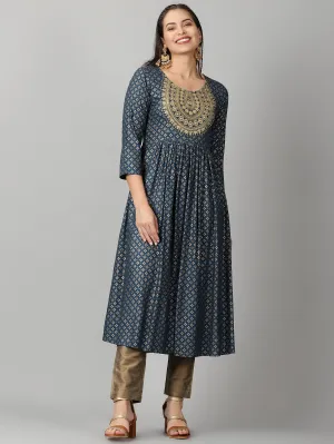 Teal Rayon Ethnic Motifs Printed Empire Kurta with Zari Neck