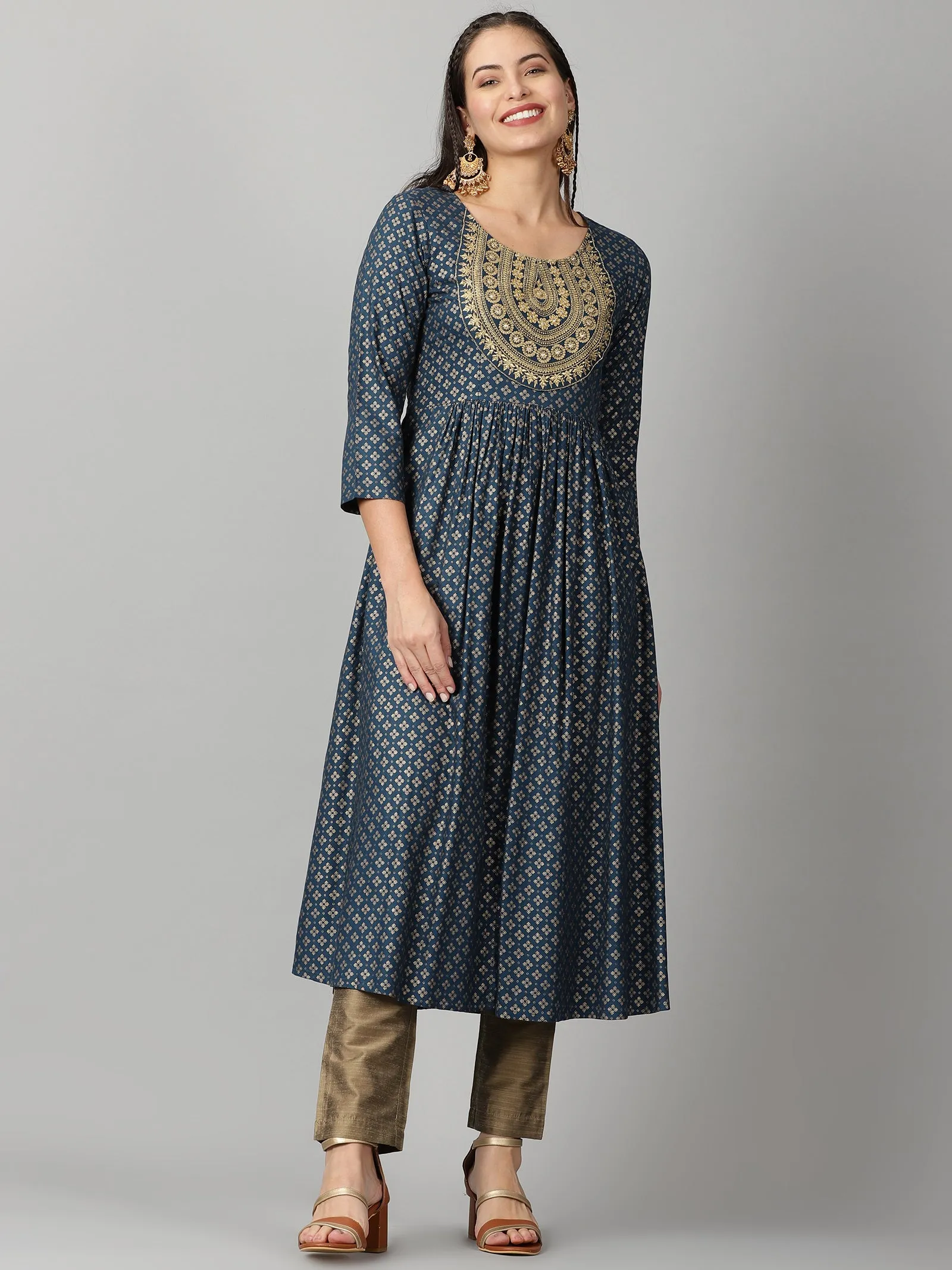 Teal Rayon Ethnic Motifs Printed Empire Kurta with Zari Neck